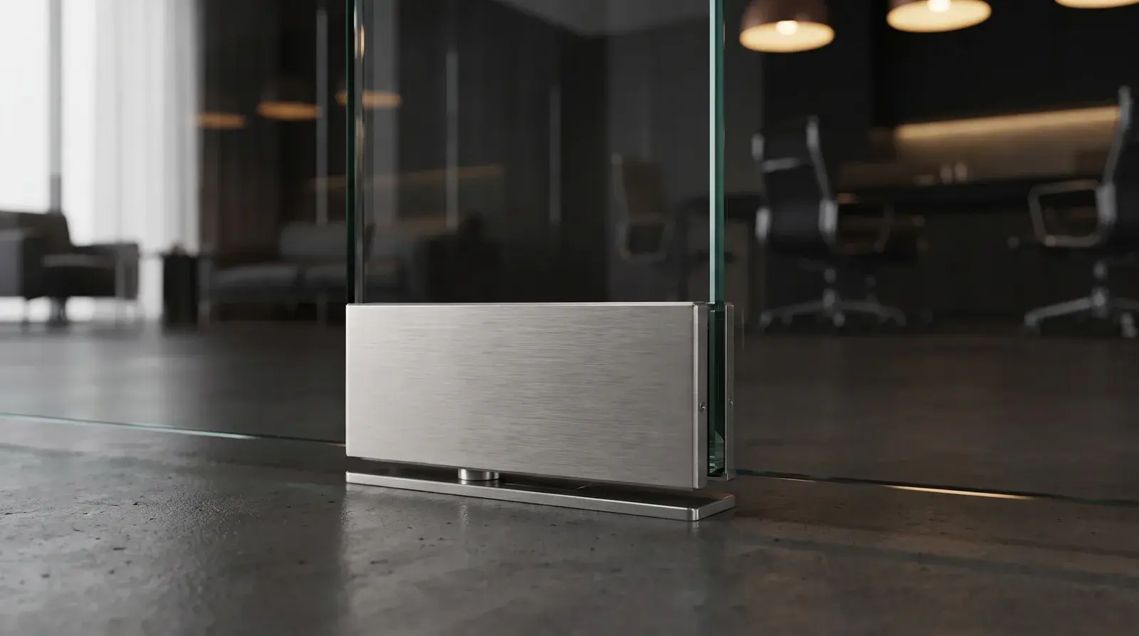 Hydraulic patch fittings: the frameless commercial glass door without a floor closer
