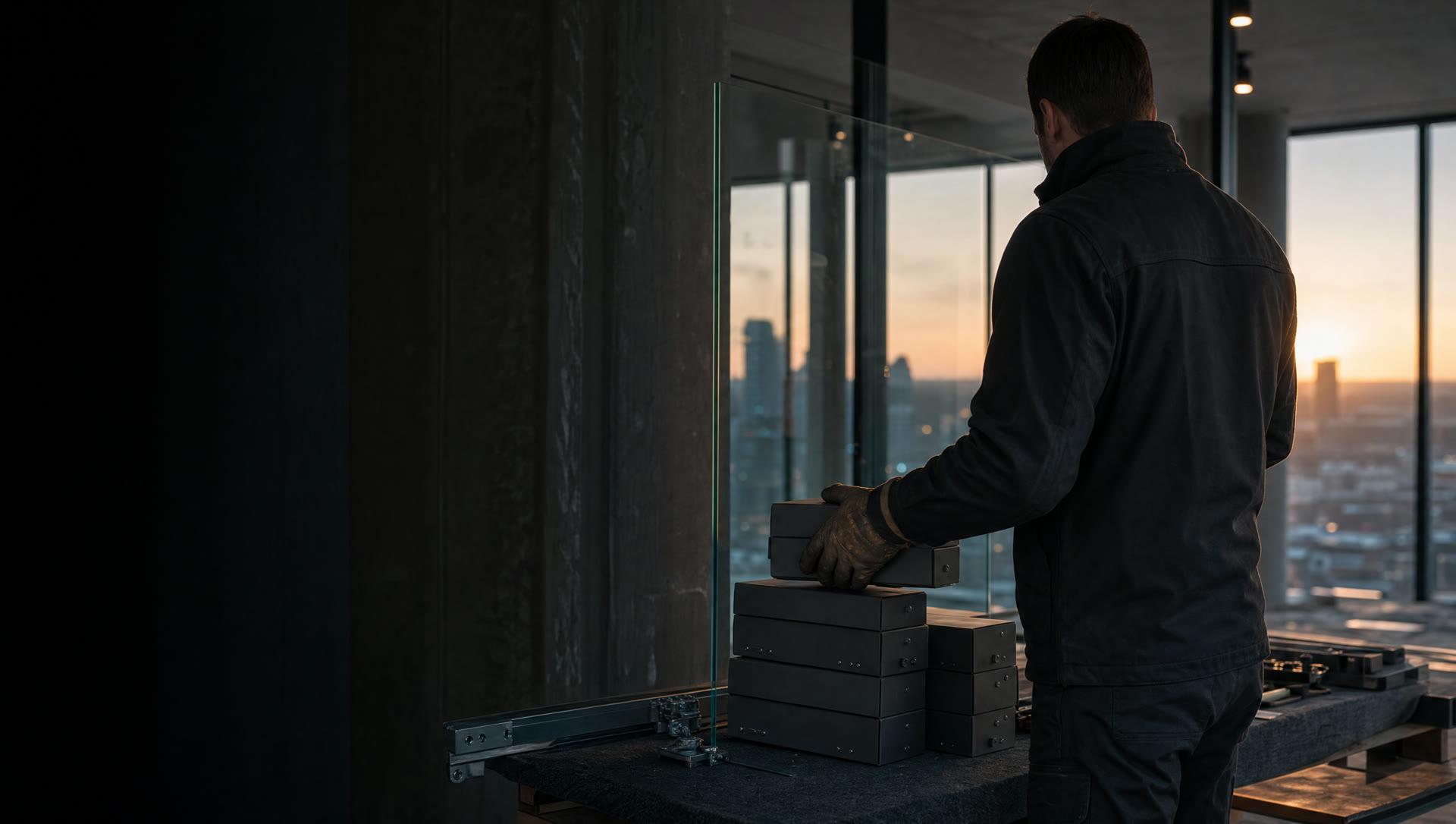 Glass installer stacking hardware boxes beside a frameless glass panel at a dusk job site