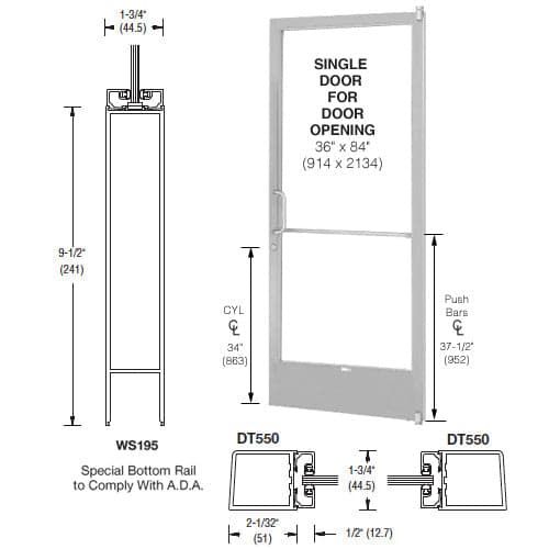 CRL-U.S. Aluminum Clear Anodized 250 Series Narrow Stile (RHR) HRSO Single 3'0 x 7'0 Offset Hung with Pivots for Surf Mount Closer Complete Door Std. Lock and 9-1/2" Bottom Rail