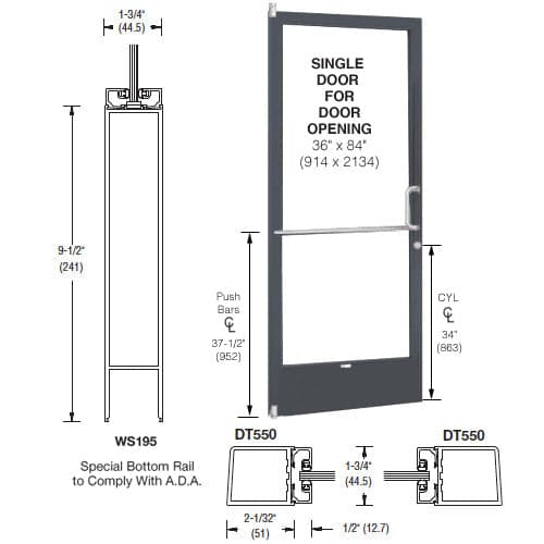CRL-U.S. Aluminum Bronze Black Anodized 250 Series Narrow Stile (LHR) HLSO Single 3'0 x 7'0 Offset Hung with Pivots for Surf Mount Closer Complete Door Std. Lock and 9-1/2" Bottom Rail